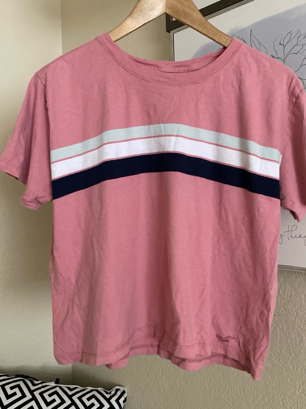 Hollister Pink Tee with Navy & White Chest Stripes